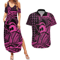 Koa Ikaika Warrior Helmet with Shark Couples Matching Summer Maxi Dress and Hawaiian Shirt Pink Kakau Style LT9 Pink - Polynesian Pride