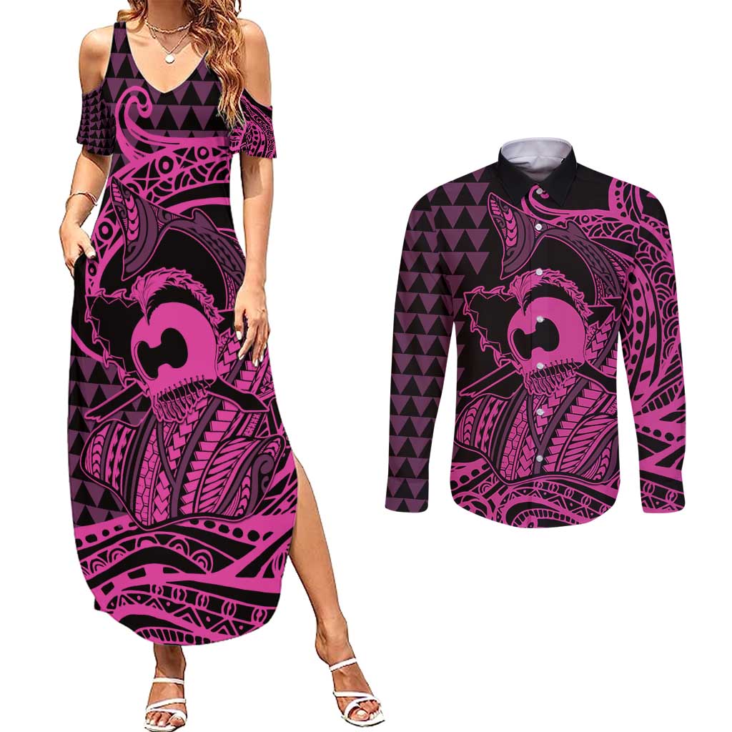 Koa Ikaika Warrior Helmet with Shark Couples Matching Summer Maxi Dress and Long Sleeve Button Shirt Pink Kakau Style