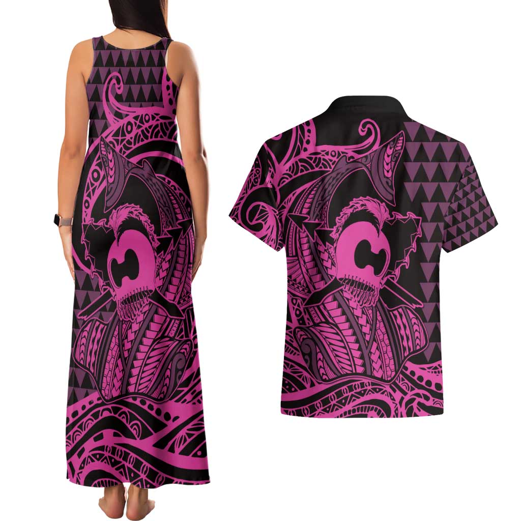 Koa Ikaika Warrior Helmet with Shark Couples Matching Tank Maxi Dress and Hawaiian Shirt Pink Kakau Style LT9 - Polynesian Pride