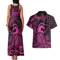 Koa Ikaika Warrior Helmet with Shark Couples Matching Tank Maxi Dress and Hawaiian Shirt Pink Kakau Style LT9 - Polynesian Pride
