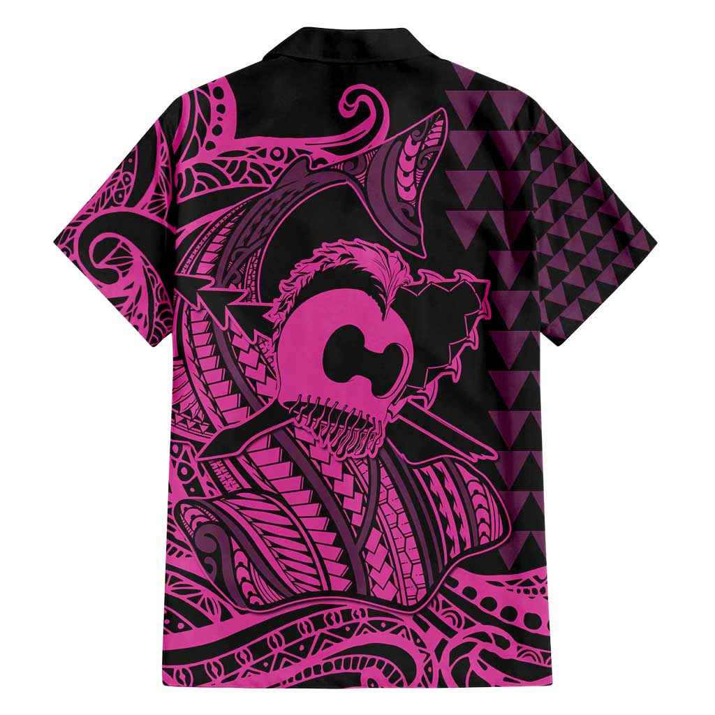 Koa Ikaika Warrior Helmet with Shark Family Matching Off Shoulder Maxi Dress and Hawaiian Shirt Pink Kakau Style