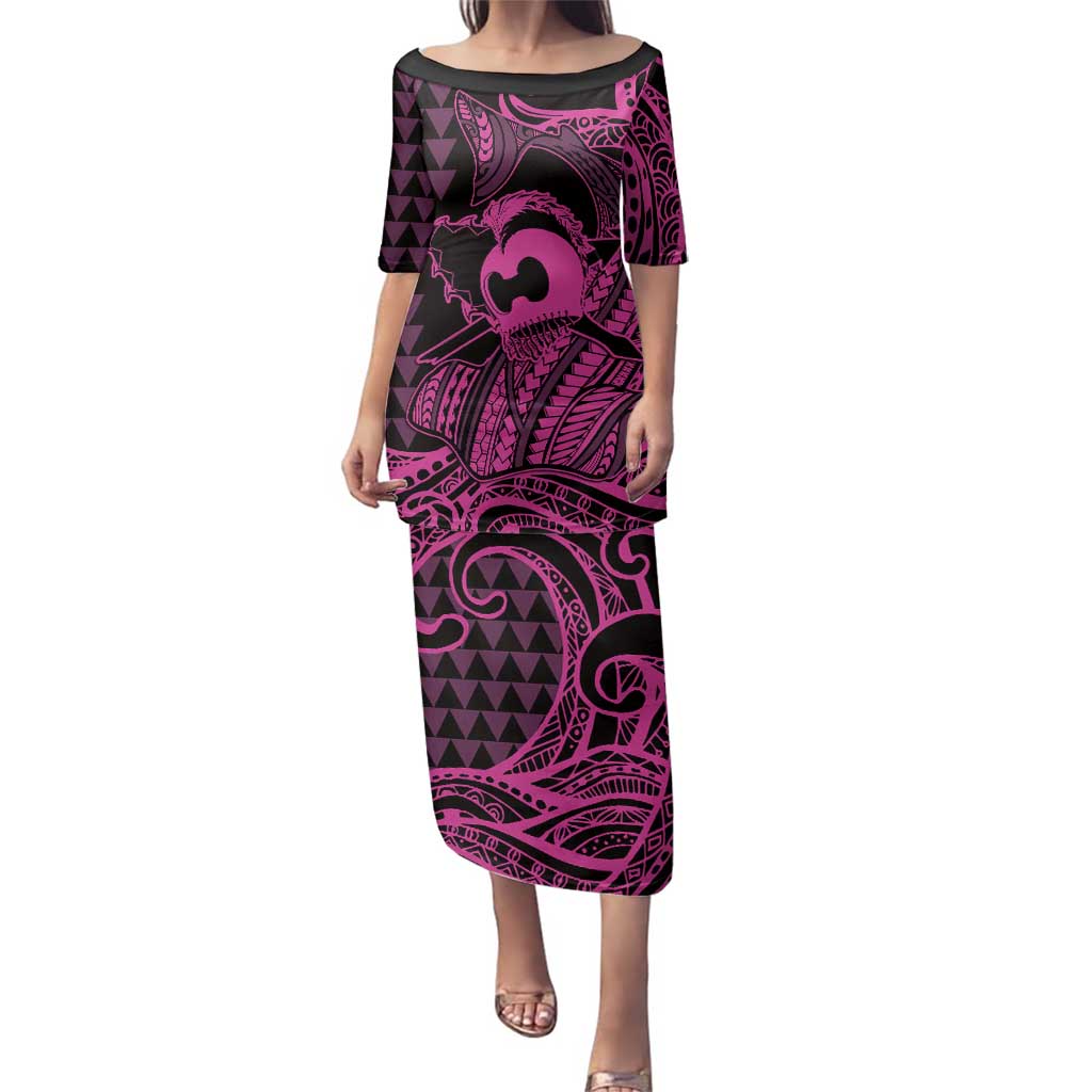 Koa Ikaika Warrior Helmet with Shark Family Matching Puletasi and Hawaiian Shirt Pink Kakau Style