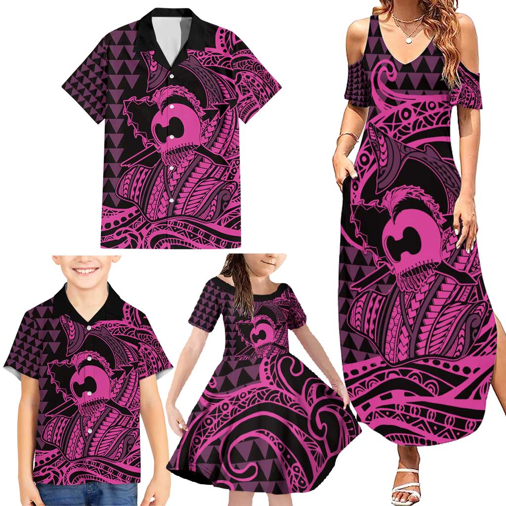 Koa Ikaika Warrior Helmet with Shark Family Matching Summer Maxi Dress and Hawaiian Shirt Pink Kakau Style