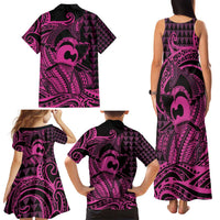 Koa Ikaika Warrior Helmet with Shark Family Matching Tank Maxi Dress and Hawaiian Shirt Pink Kakau Style