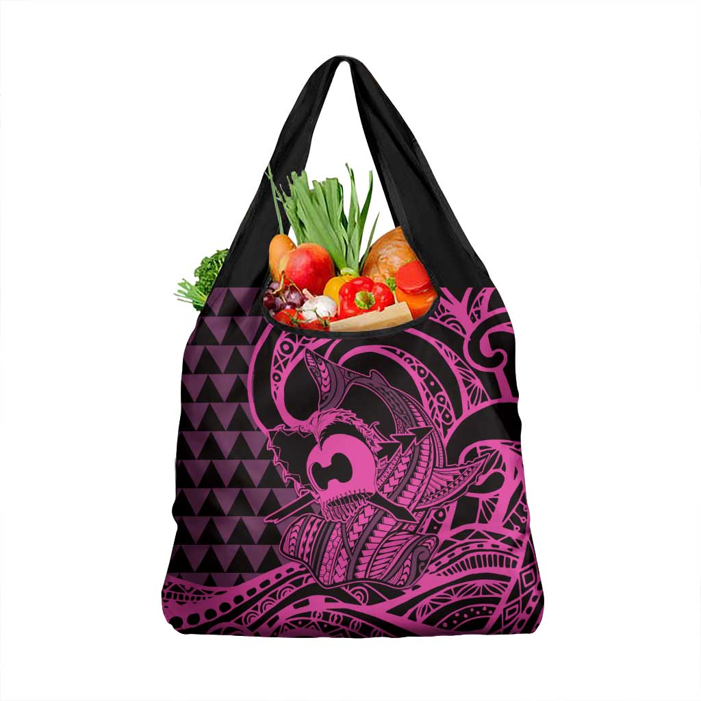 Koa Ikaika Warrior Helmet with Shark Grocery Bag Pink Kakau Style