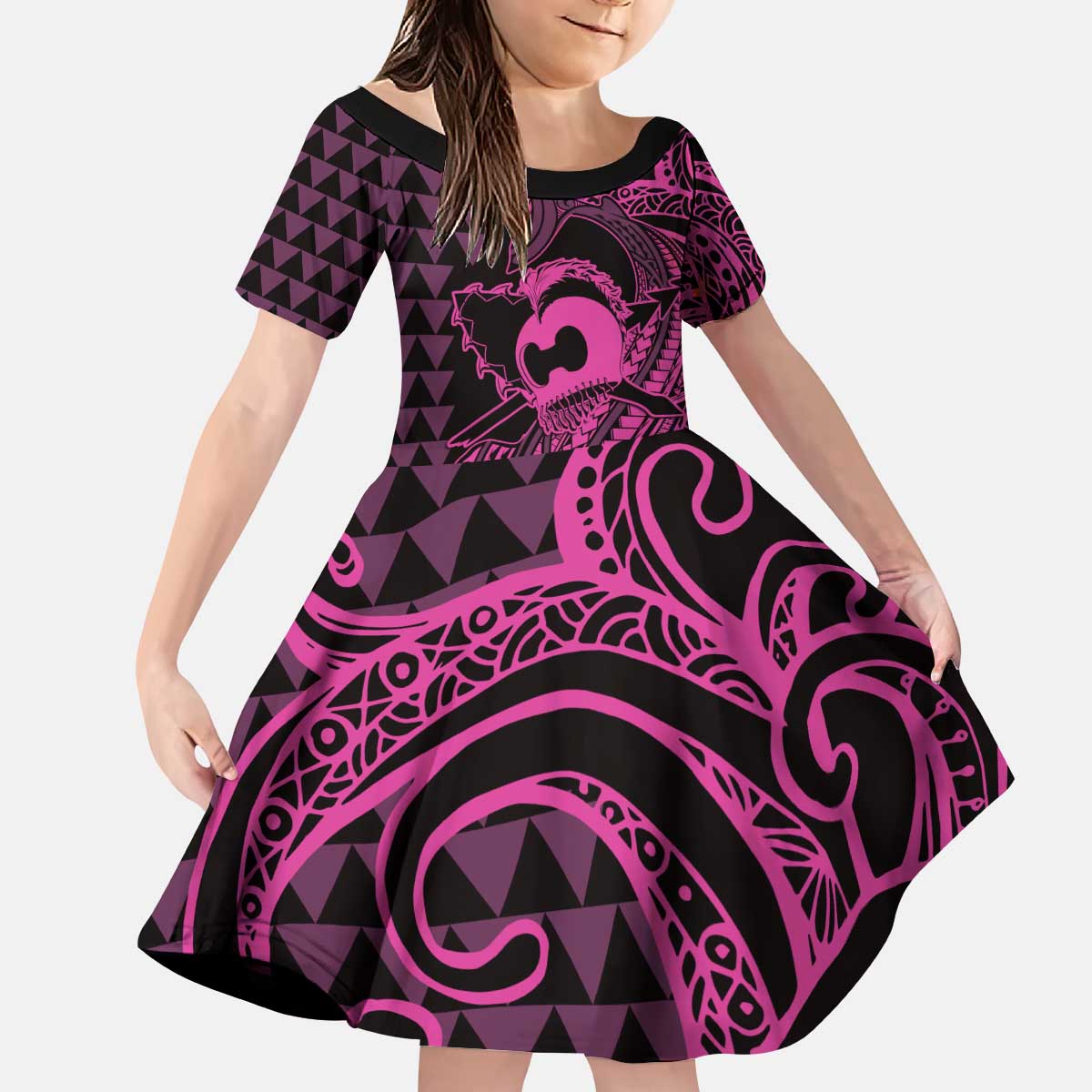 Koa Ikaika Warrior Helmet with Shark Kid Short Sleeve Dress Pink Kakau Style LT9 KID Pink - Polynesian Pride