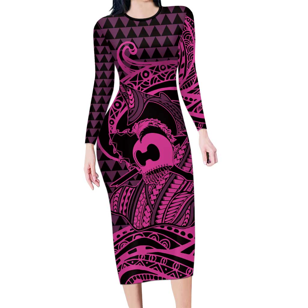 Koa Ikaika Warrior Helmet with Shark Long Sleeve Bodycon Dress Pink Kakau Style