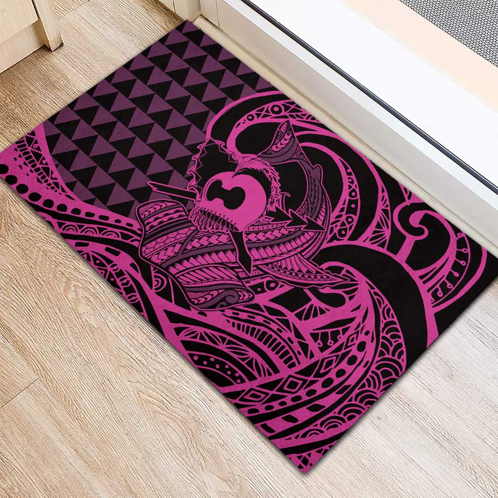 Koa Ikaika Warrior Helmet with Shark Rubber Doormat Pink Kakau Style