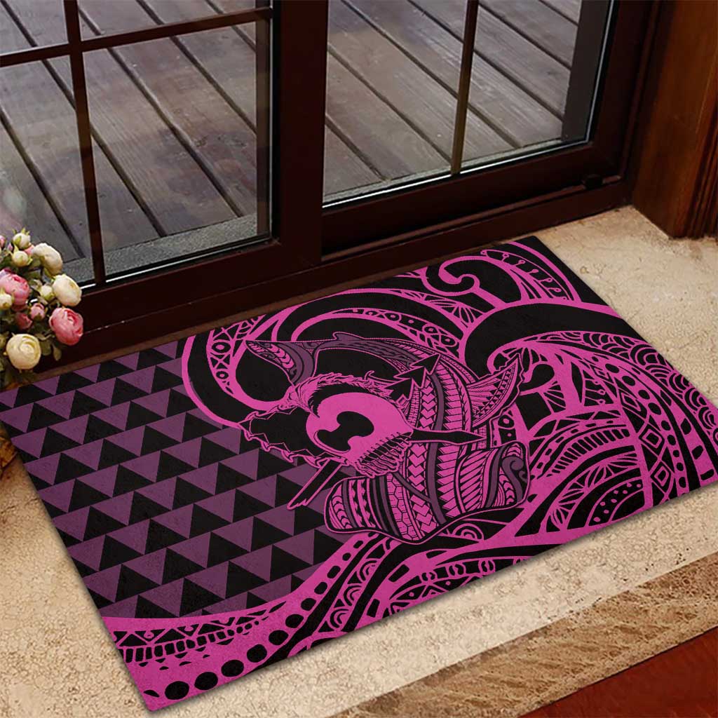 Koa Ikaika Warrior Helmet with Shark Rubber Doormat Pink Kakau Style