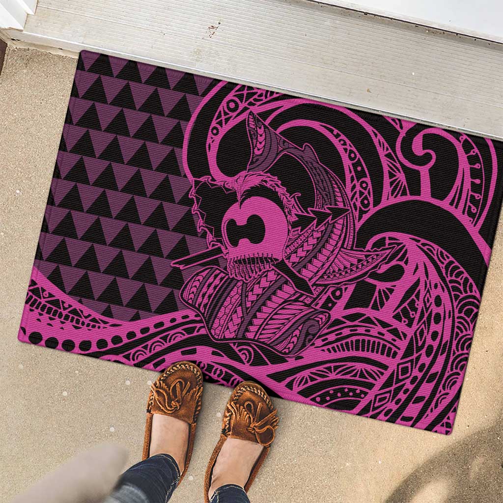 Koa Ikaika Warrior Helmet with Shark Rubber Doormat Pink Kakau Style