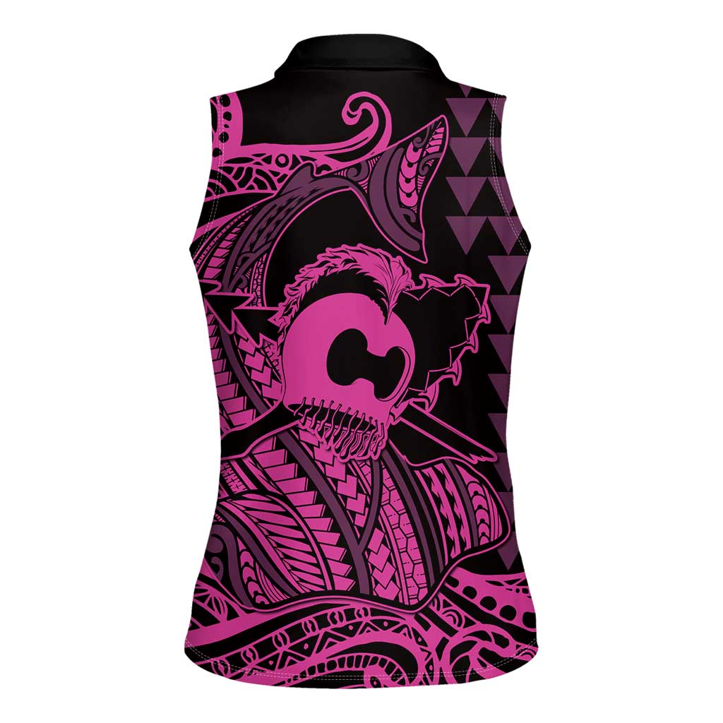 Koa Ikaika Warrior Helmet with Shark Women Sleeveless Polo Shirt Pink Kakau Style LT9 - Polynesian Pride