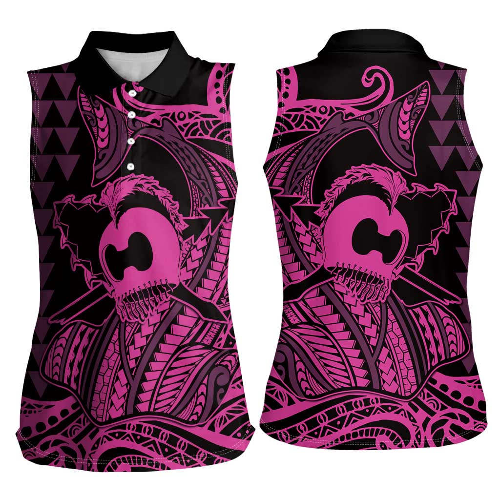 Koa Ikaika Warrior Helmet with Shark Women Sleeveless Polo Shirt Pink Kakau Style LT9 - Polynesian Pride