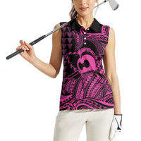 Koa Ikaika Warrior Helmet with Shark Women Sleeveless Polo Shirt Pink Kakau Style LT9 - Polynesian Pride
