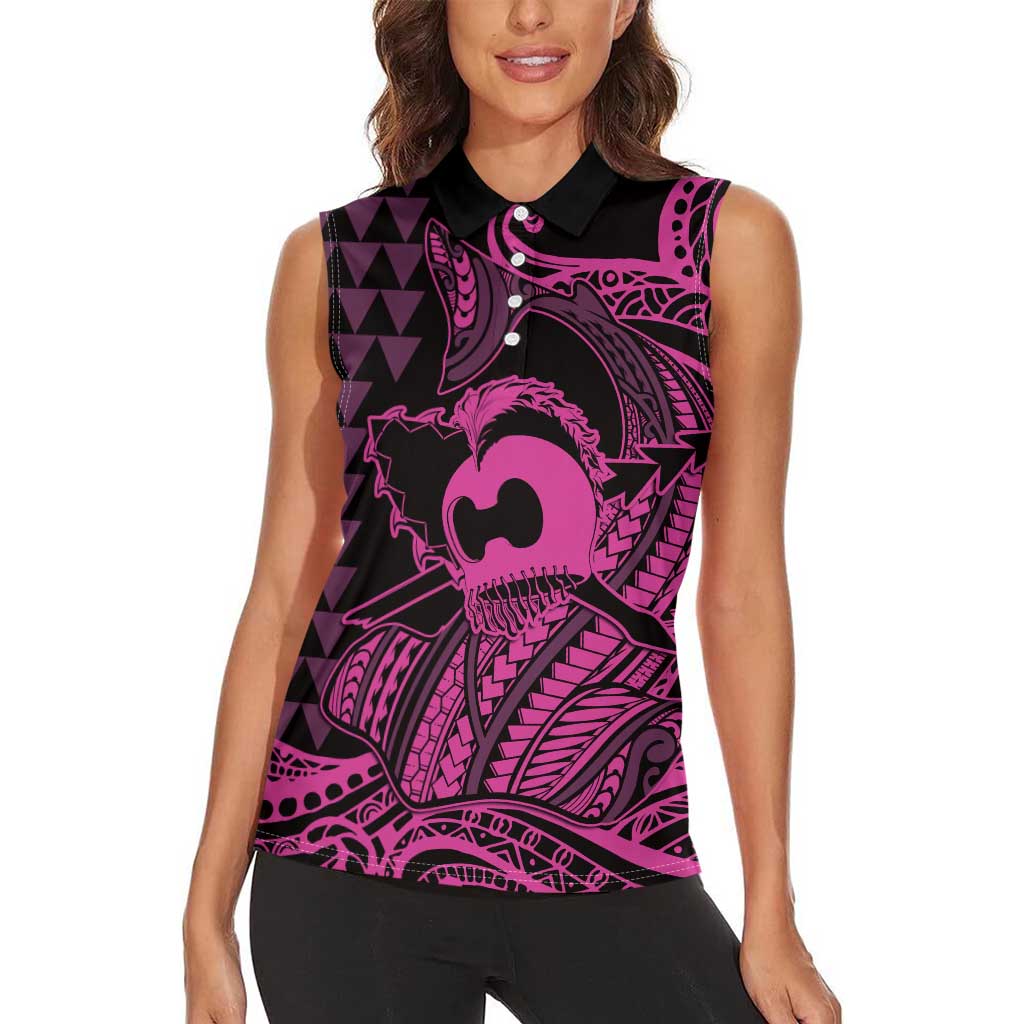 Koa Ikaika Warrior Helmet with Shark Women Sleeveless Polo Shirt Pink Kakau Style LT9 - Polynesian Pride