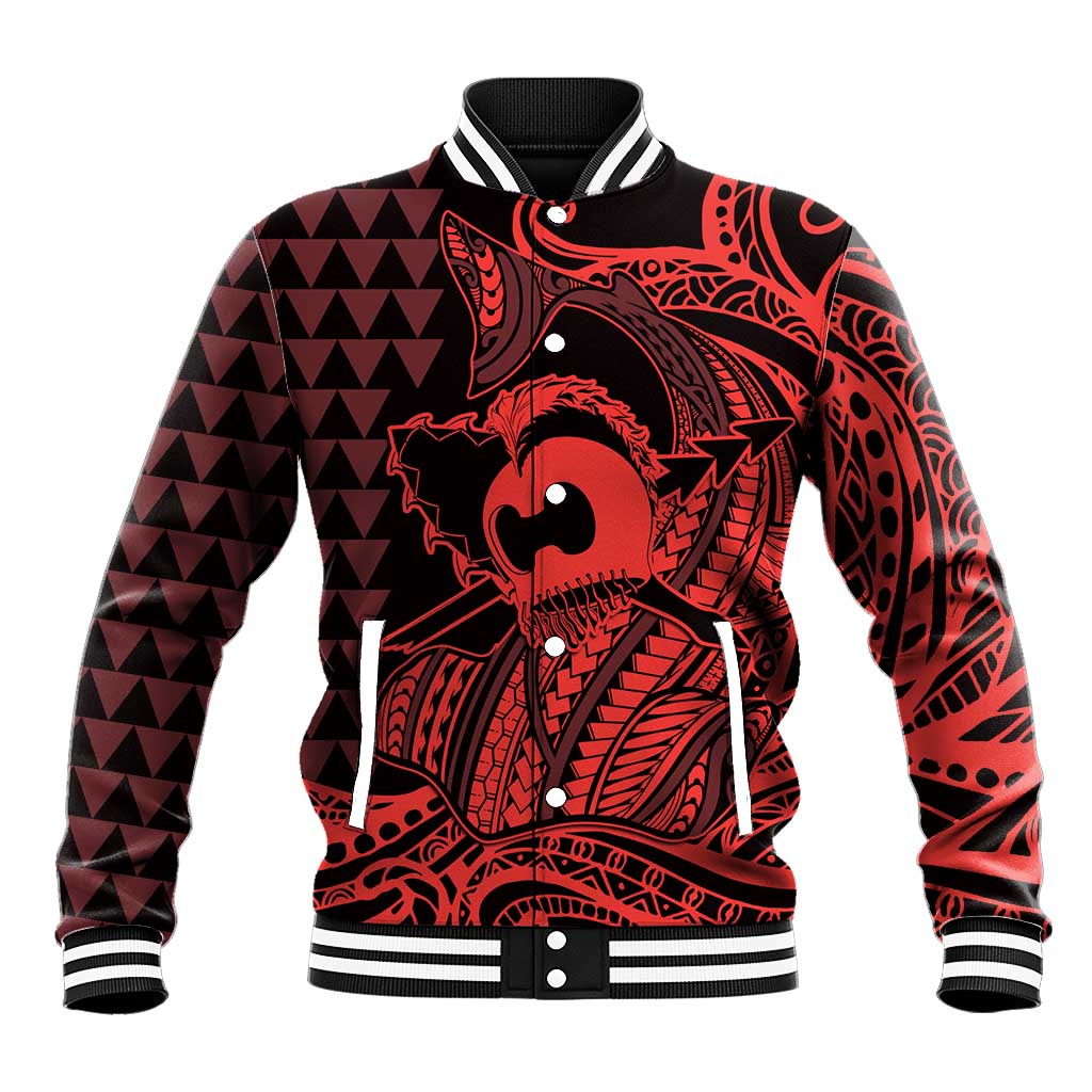 Koa Ikaika Warrior Helmet with Shark Baseball Jacket Red Kakau Style LT9 Unisex Red - Polynesian Pride