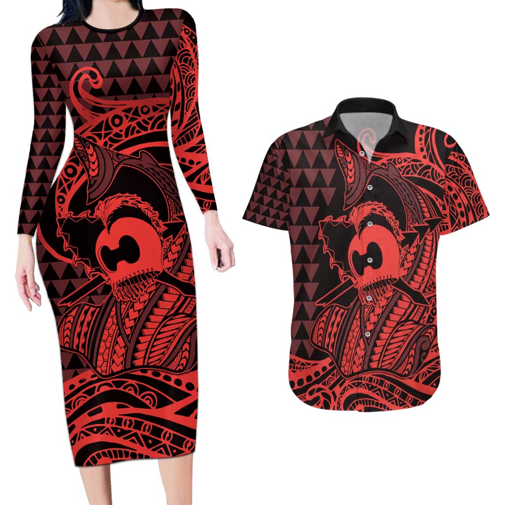 Koa Ikaika Warrior Helmet with Shark Couples Matching Long Sleeve Bodycon Dress and Hawaiian Shirt Red Kakau Style