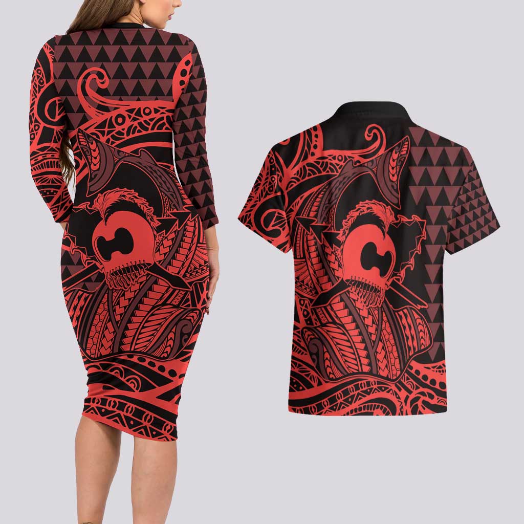 Koa Ikaika Warrior Helmet with Shark Couples Matching Long Sleeve Bodycon Dress and Hawaiian Shirt Red Kakau Style LT9 - Polynesian Pride