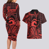 Koa Ikaika Warrior Helmet with Shark Couples Matching Long Sleeve Bodycon Dress and Hawaiian Shirt Red Kakau Style LT9 - Polynesian Pride