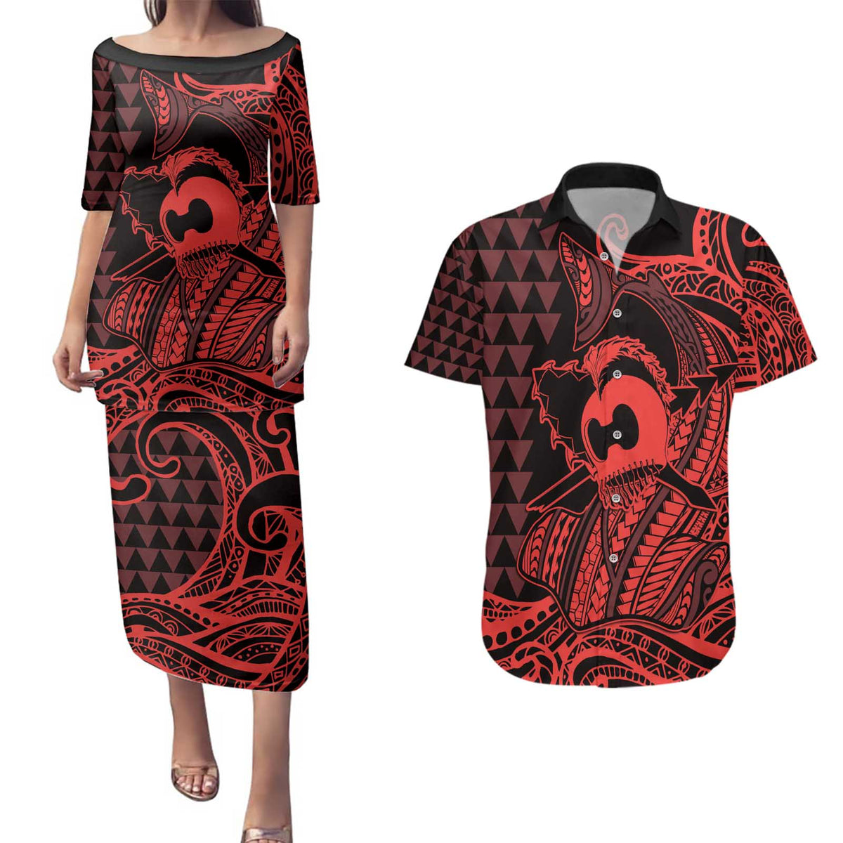 Koa Ikaika Warrior Helmet with Shark Couples Matching Puletasi and Hawaiian Shirt Red Kakau Style