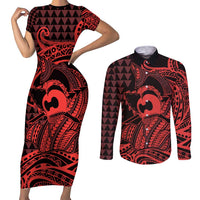 Koa Ikaika Warrior Helmet with Shark Couples Matching Short Sleeve Bodycon Dress and Long Sleeve Button Shirt Red Kakau Style