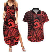 Koa Ikaika Warrior Helmet with Shark Couples Matching Summer Maxi Dress and Hawaiian Shirt Red Kakau Style LT9 Red - Polynesian Pride