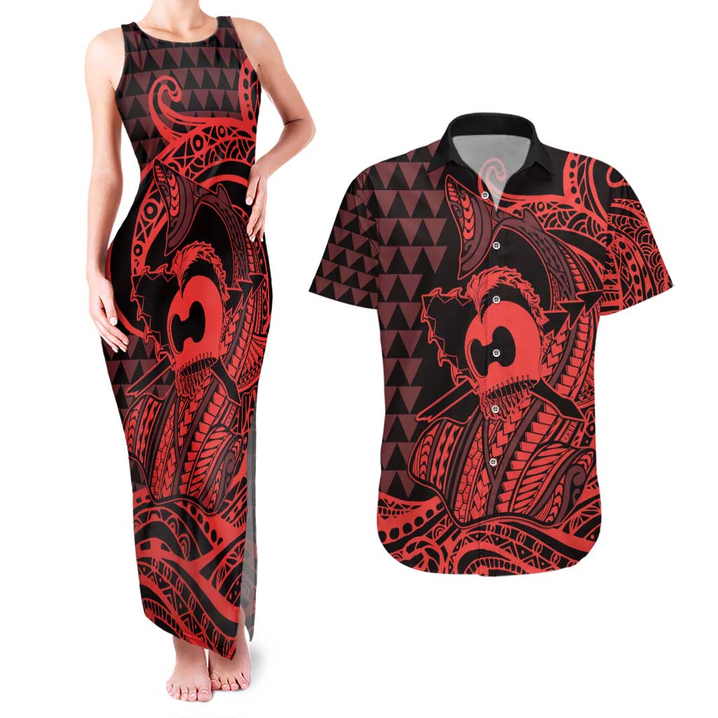 Koa Ikaika Warrior Helmet with Shark Couples Matching Tank Maxi Dress and Hawaiian Shirt Red Kakau Style LT9 Red - Polynesian Pride