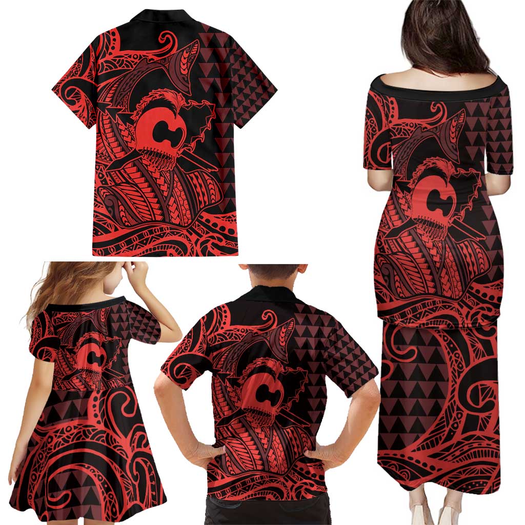 Koa Ikaika Warrior Helmet with Shark Family Matching Puletasi and Hawaiian Shirt Red Kakau Style