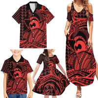Koa Ikaika Warrior Helmet with Shark Family Matching Summer Maxi Dress and Hawaiian Shirt Red Kakau Style
