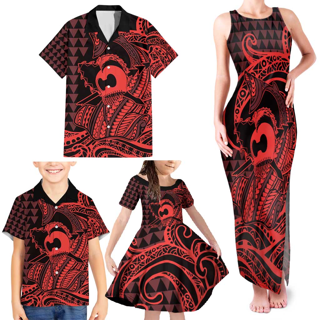 Koa Ikaika Warrior Helmet with Shark Family Matching Tank Maxi Dress and Hawaiian Shirt Red Kakau Style