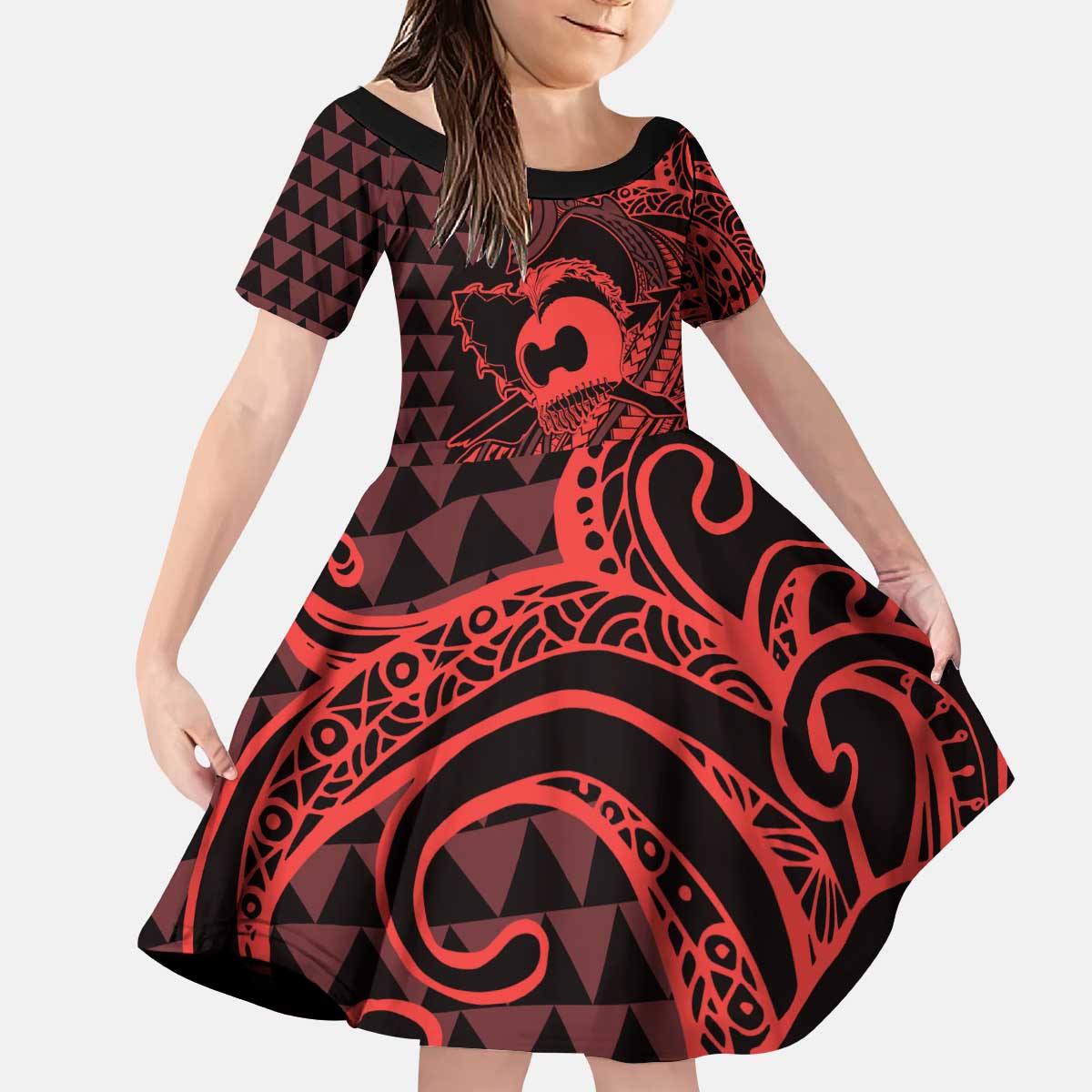Koa Ikaika Warrior Helmet with Shark Kid Short Sleeve Dress Red Kakau Style LT9 KID Red - Polynesian Pride