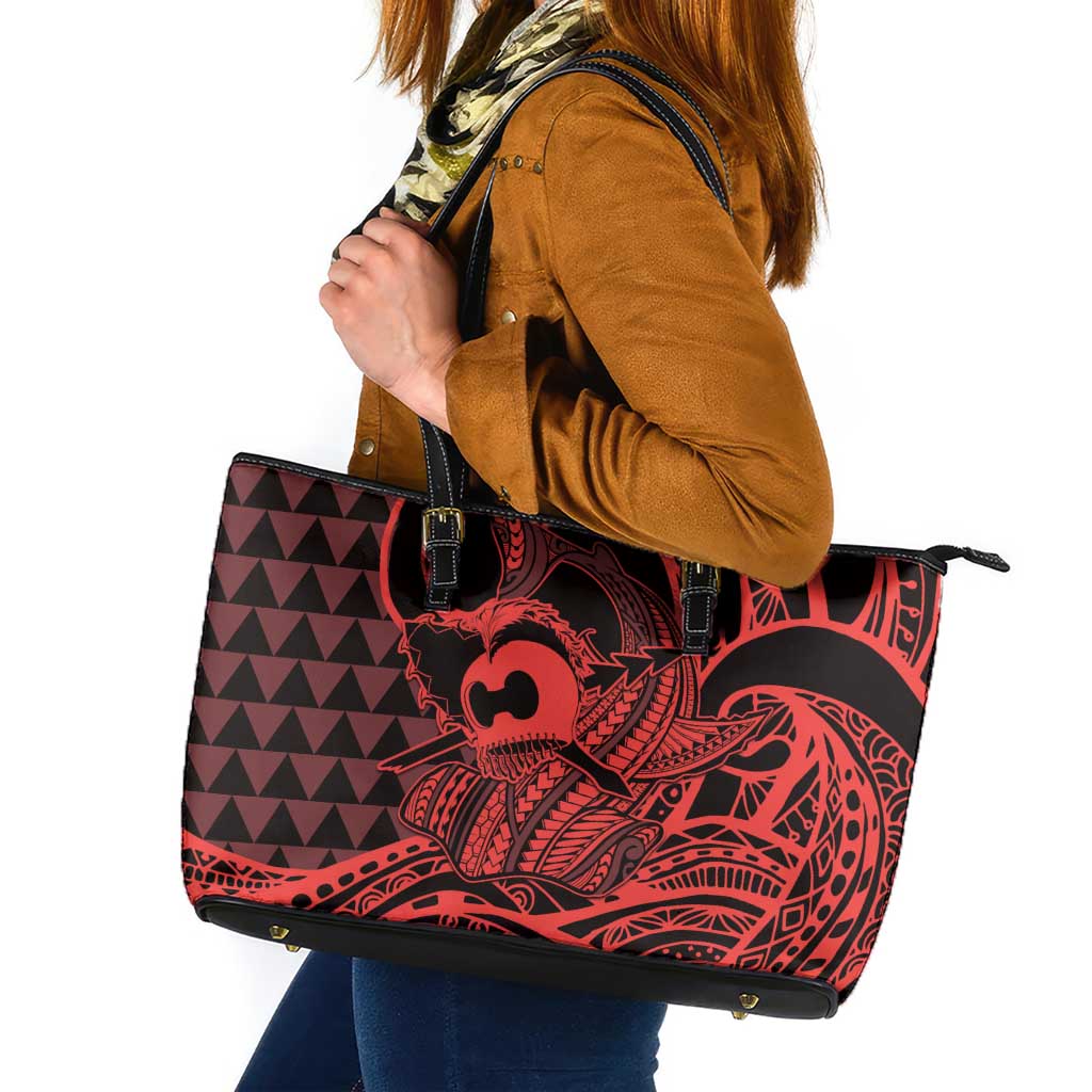 Koa Ikaika Warrior Helmet with Shark Leather Tote Bag Red Kakau Style LT9 Red - Polynesian Pride