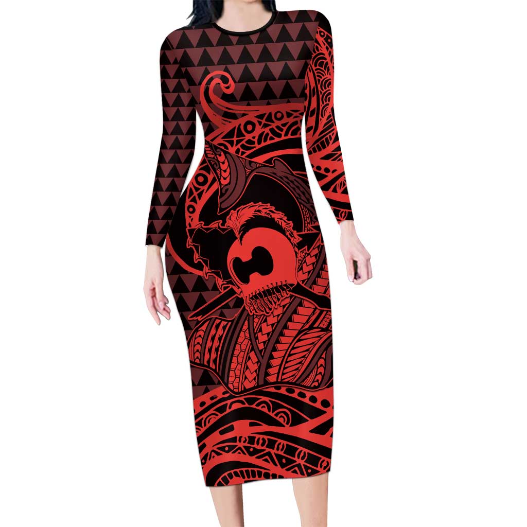 Koa Ikaika Warrior Helmet with Shark Long Sleeve Bodycon Dress Red Kakau Style