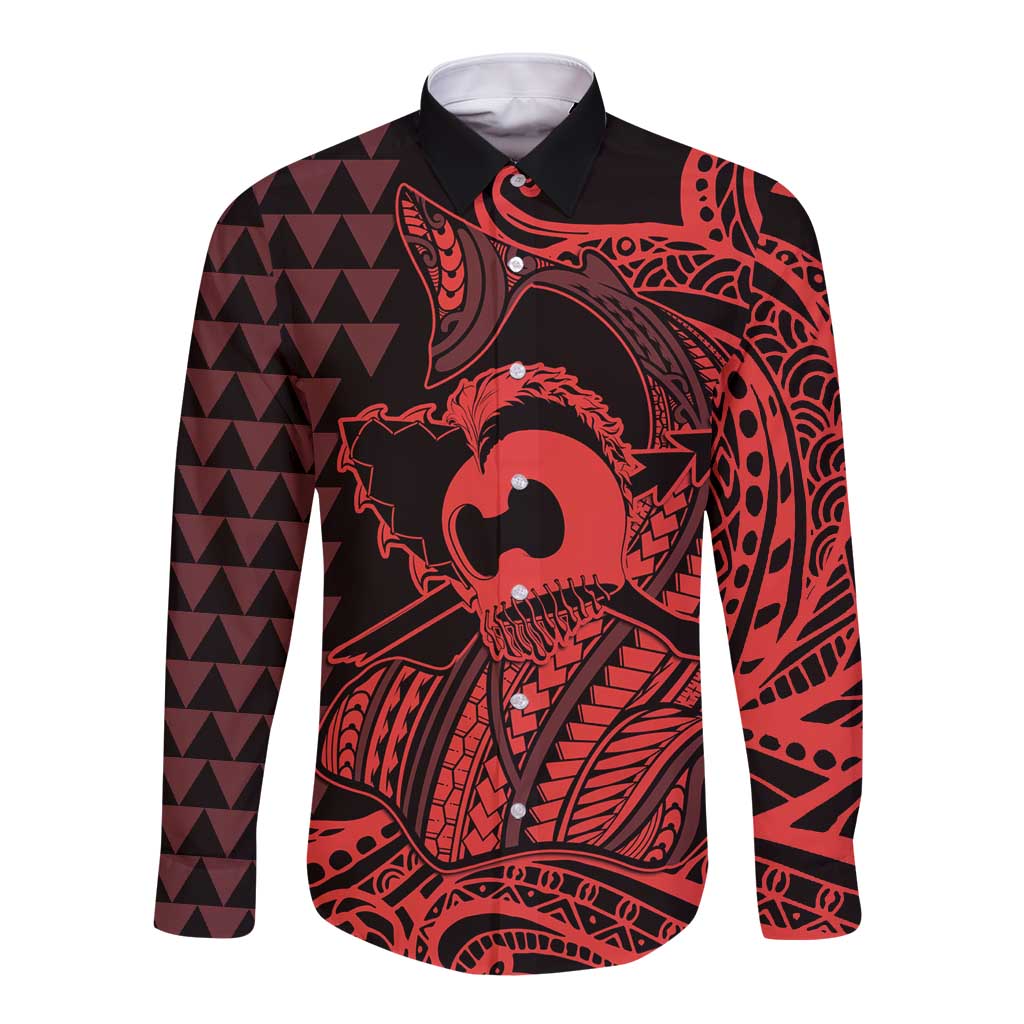 Koa Ikaika Warrior Helmet with Shark Long Sleeve Button Shirt Red Kakau Style