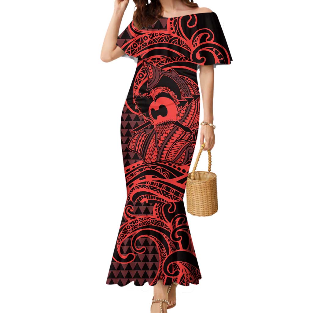 Koa Ikaika Warrior Helmet with Shark Mermaid Dress Red Kakau Style LT9 Women Red - Polynesian Pride