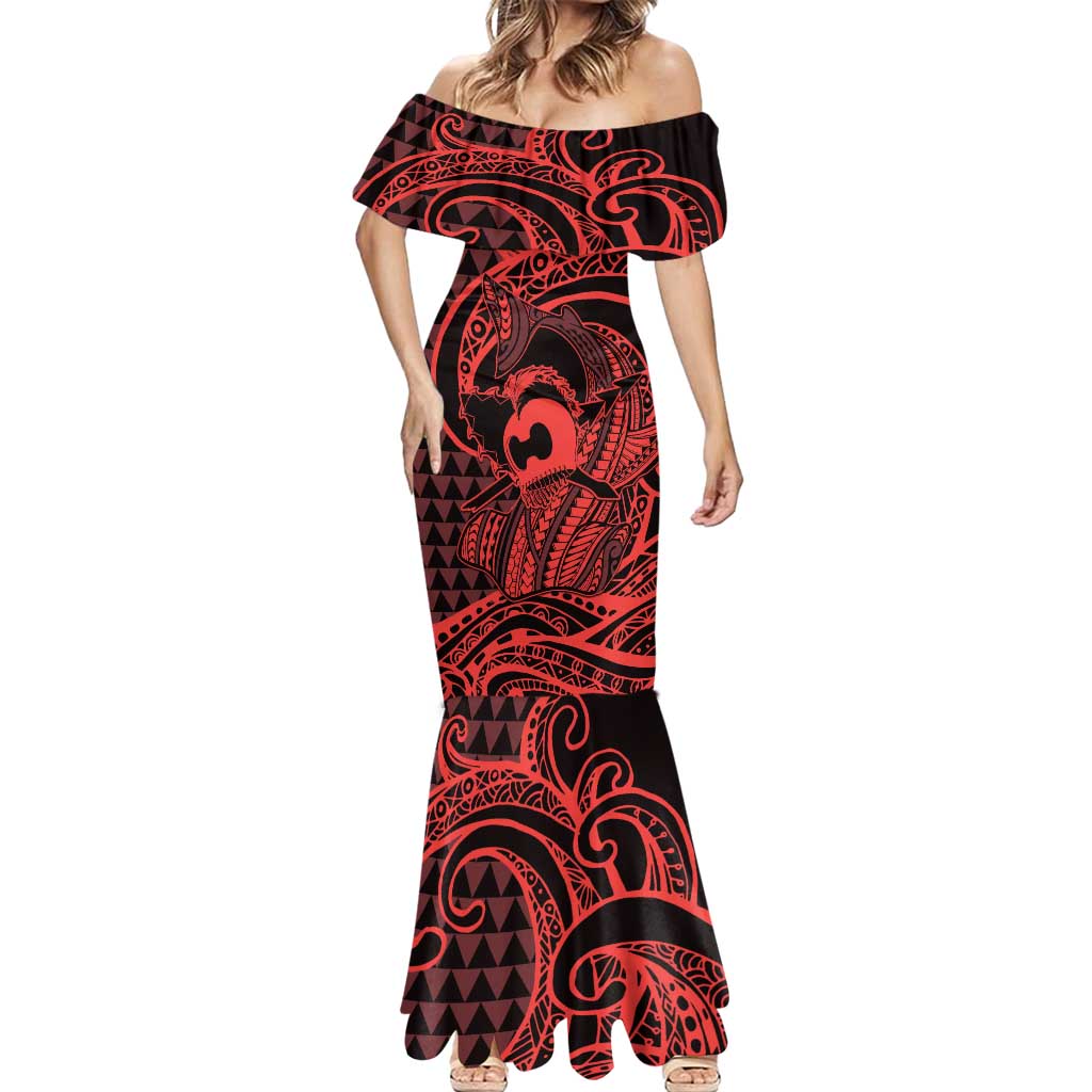Koa Ikaika Warrior Helmet with Shark Mermaid Dress Red Kakau Style LT9 - Polynesian Pride