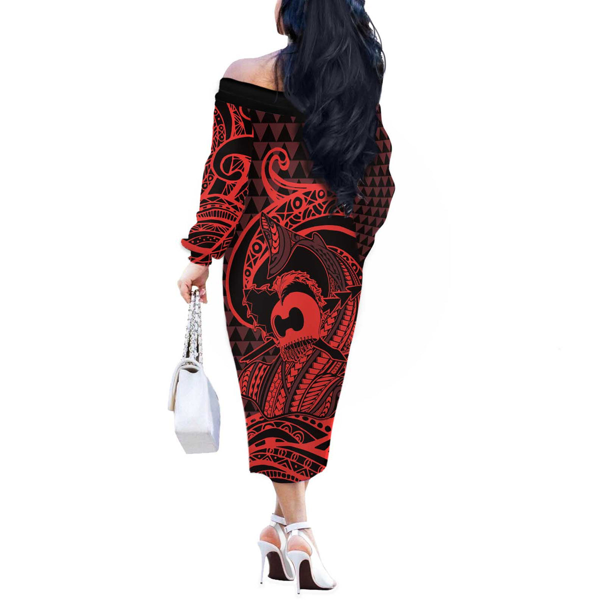 Koa Ikaika Warrior Helmet with Shark Off The Shoulder Long Sleeve Dress Red Kakau Style