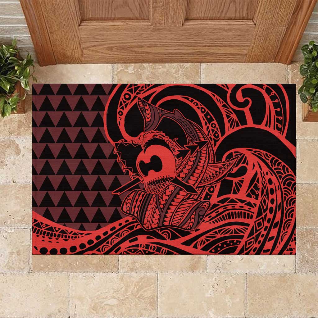 Koa Ikaika Warrior Helmet with Shark Rubber Doormat Red Kakau Style