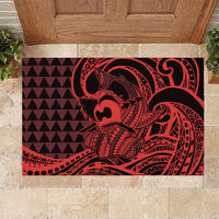 Koa Ikaika Warrior Helmet with Shark Rubber Doormat Red Kakau Style