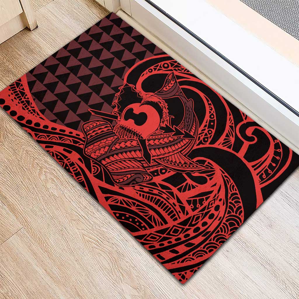 Koa Ikaika Warrior Helmet with Shark Rubber Doormat Red Kakau Style