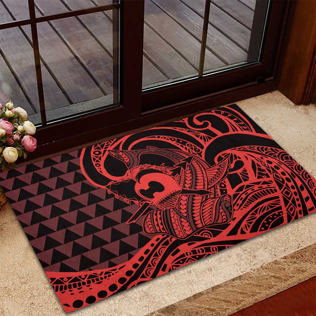 Koa Ikaika Warrior Helmet with Shark Rubber Doormat Red Kakau Style