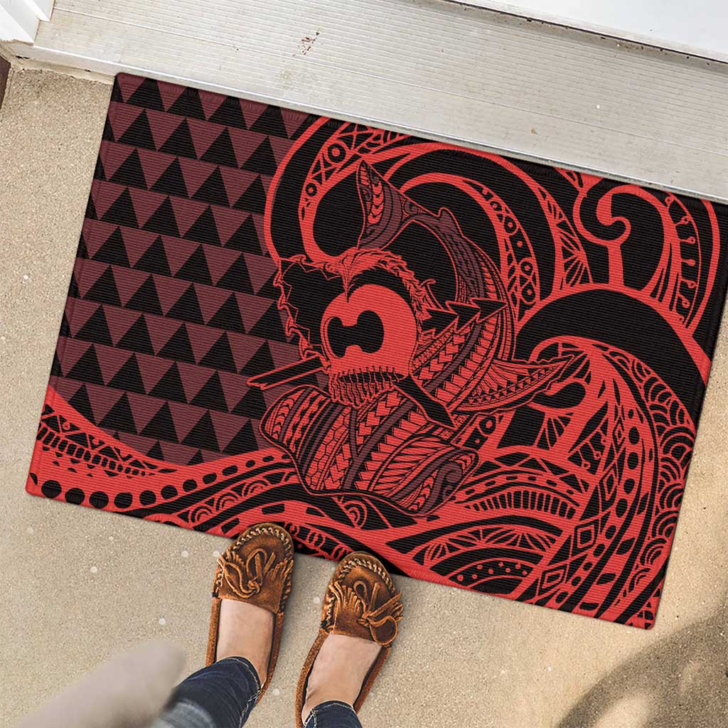 Koa Ikaika Warrior Helmet with Shark Rubber Doormat Red Kakau Style