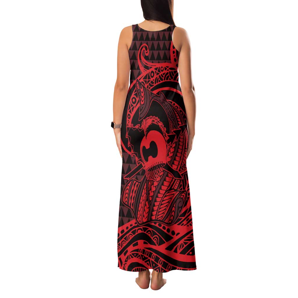 Koa Ikaika Warrior Helmet with Shark Tank Maxi Dress Red Kakau Style