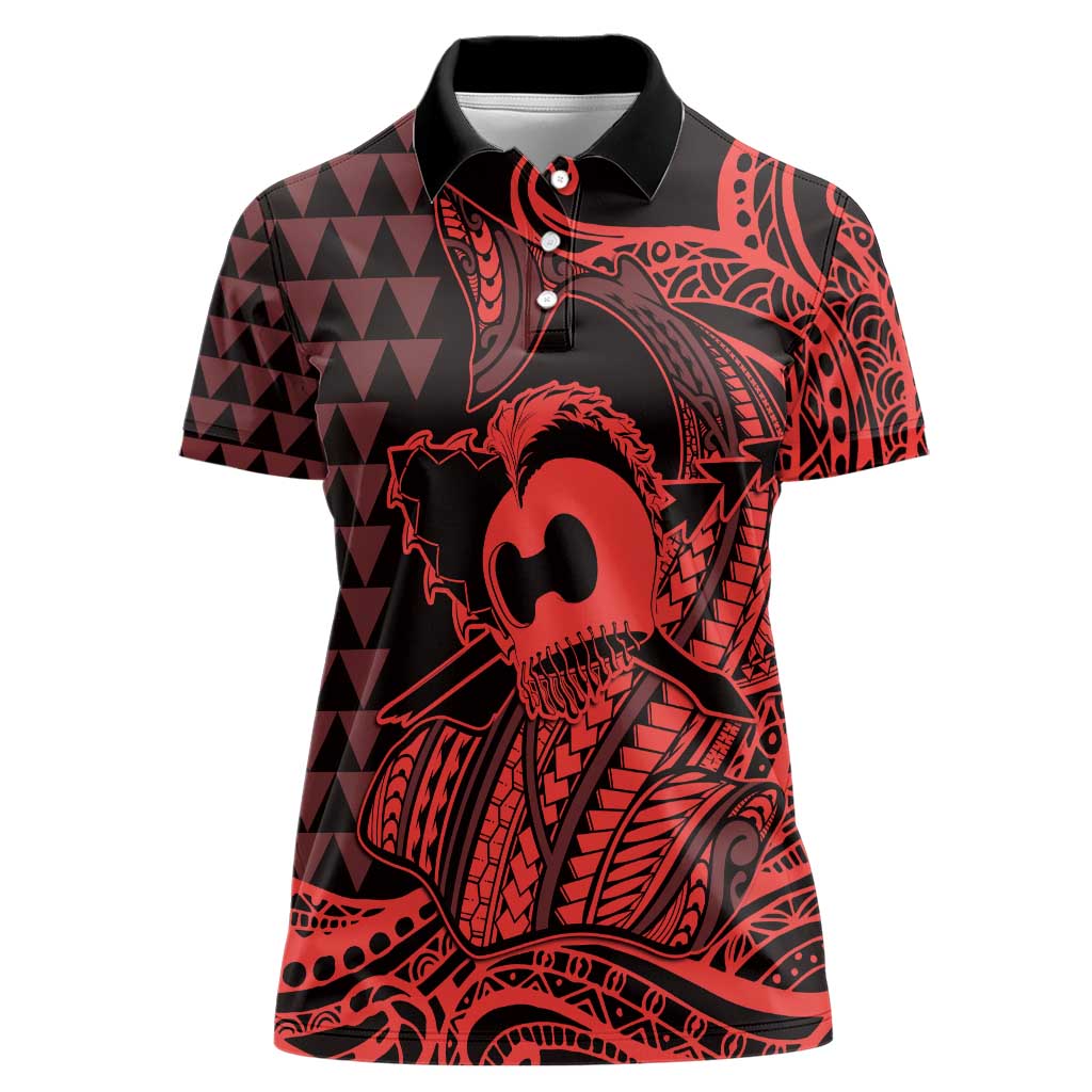 Koa Ikaika Warrior Helmet with Shark Women Polo Shirt Red Kakau Style