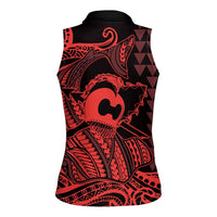 Koa Ikaika Warrior Helmet with Shark Women Sleeveless Polo Shirt Red Kakau Style LT9 - Polynesian Pride