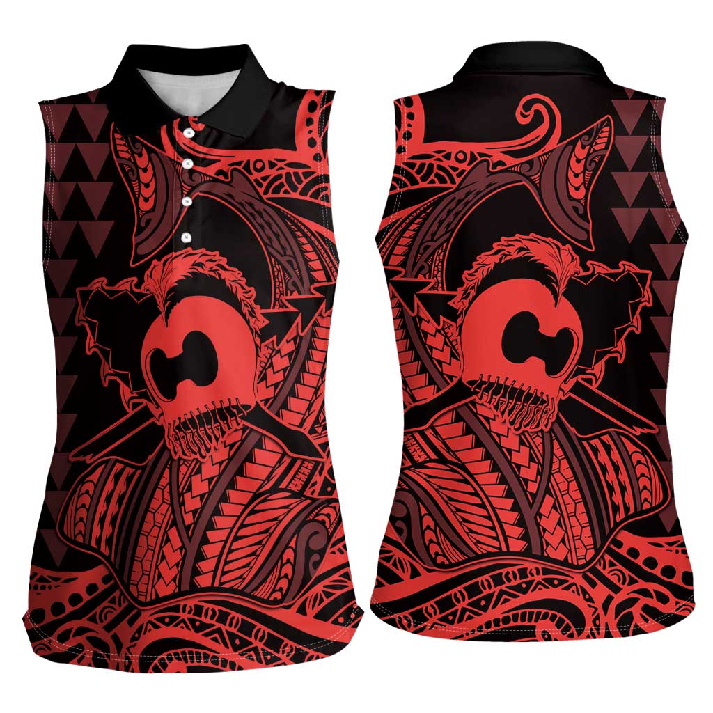 Koa Ikaika Warrior Helmet with Shark Women Sleeveless Polo Shirt Red Kakau Style LT9 - Polynesian Pride