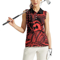 Koa Ikaika Warrior Helmet with Shark Women Sleeveless Polo Shirt Red Kakau Style LT9 - Polynesian Pride