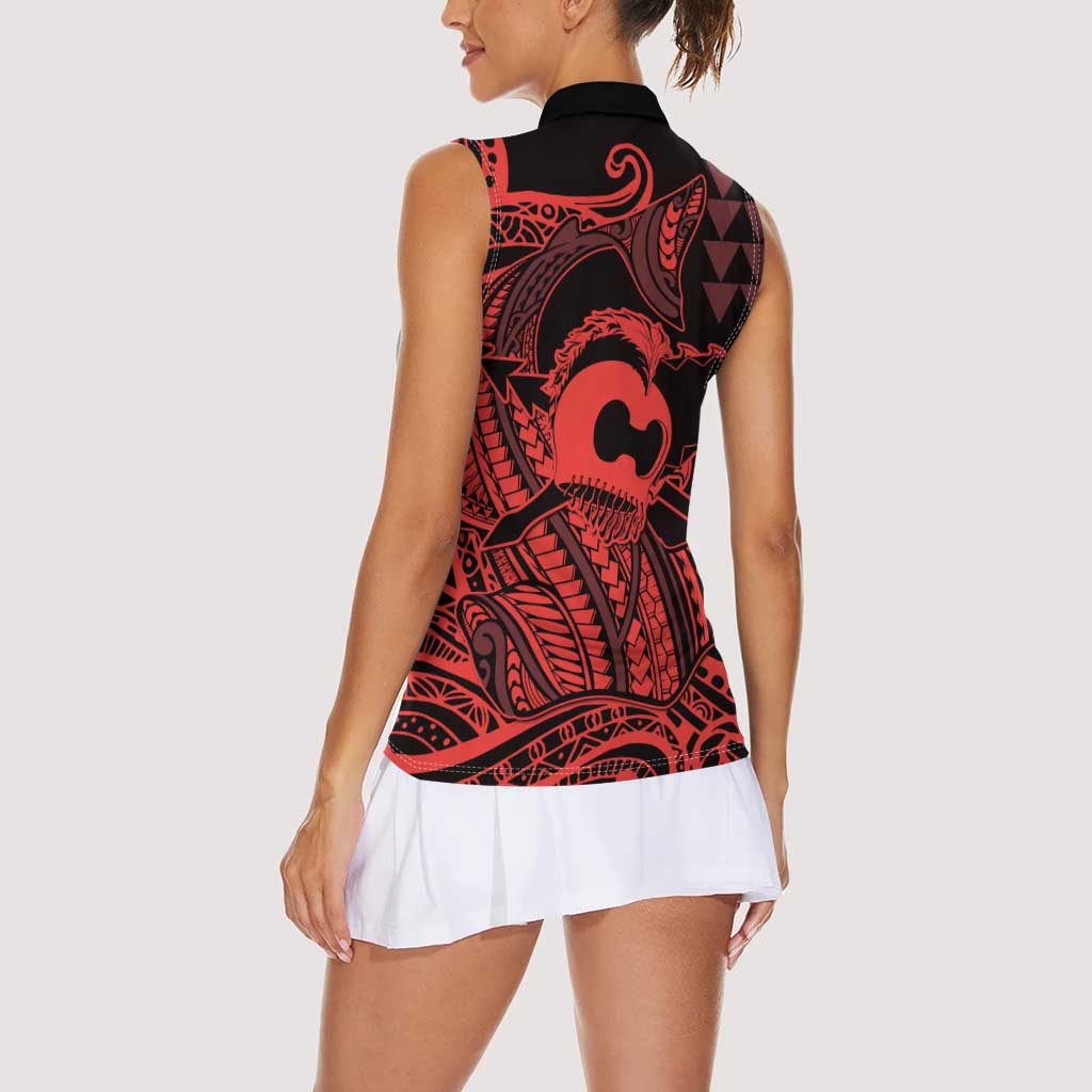 Koa Ikaika Warrior Helmet with Shark Women Sleeveless Polo Shirt Red Kakau Style LT9 - Polynesian Pride
