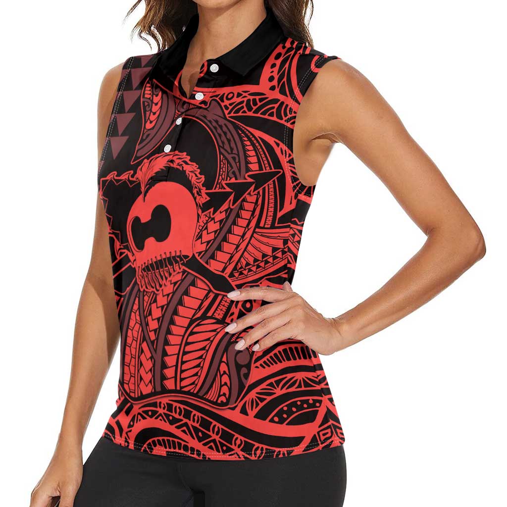 Koa Ikaika Warrior Helmet with Shark Women Sleeveless Polo Shirt Red Kakau Style LT9 - Polynesian Pride