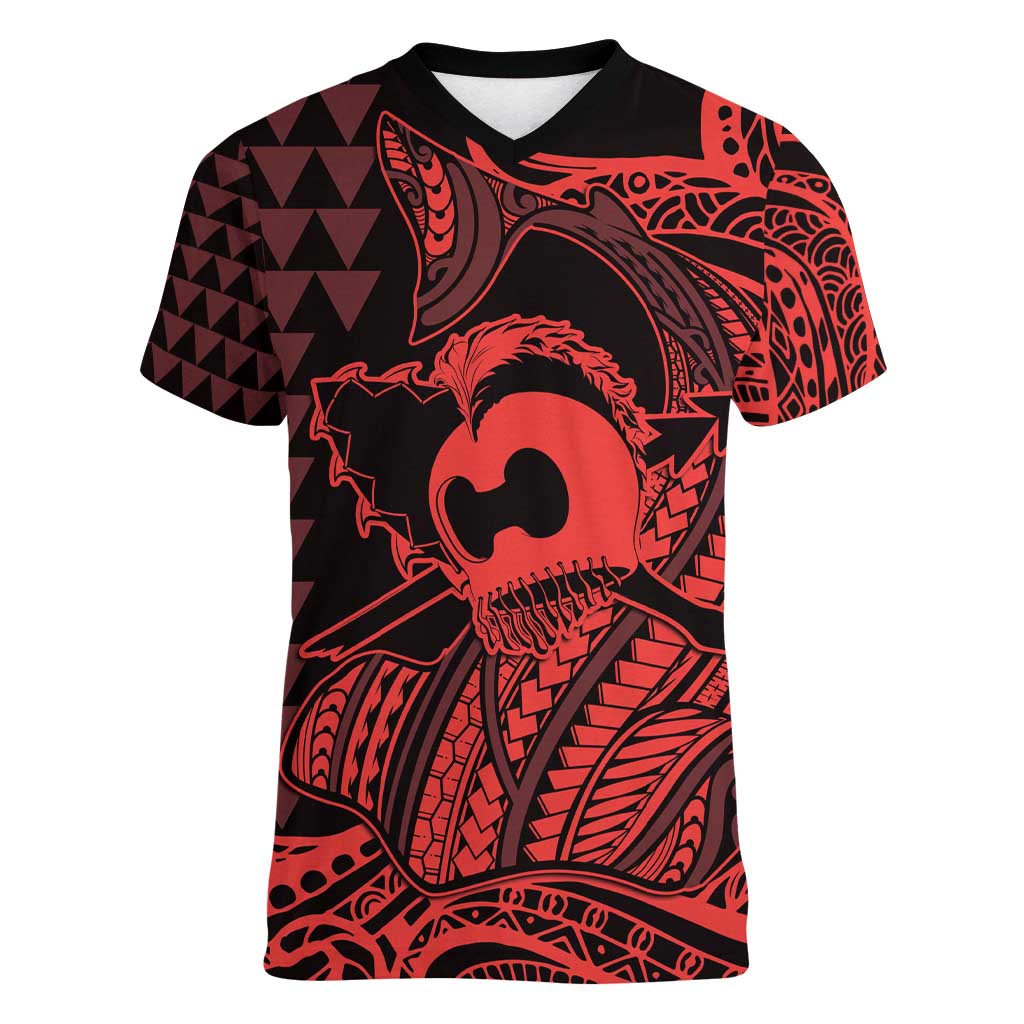 Koa Ikaika Warrior Helmet with Shark Women V-Neck T-Shirt Red Kakau Style LT9 Female Red - Polynesian Pride