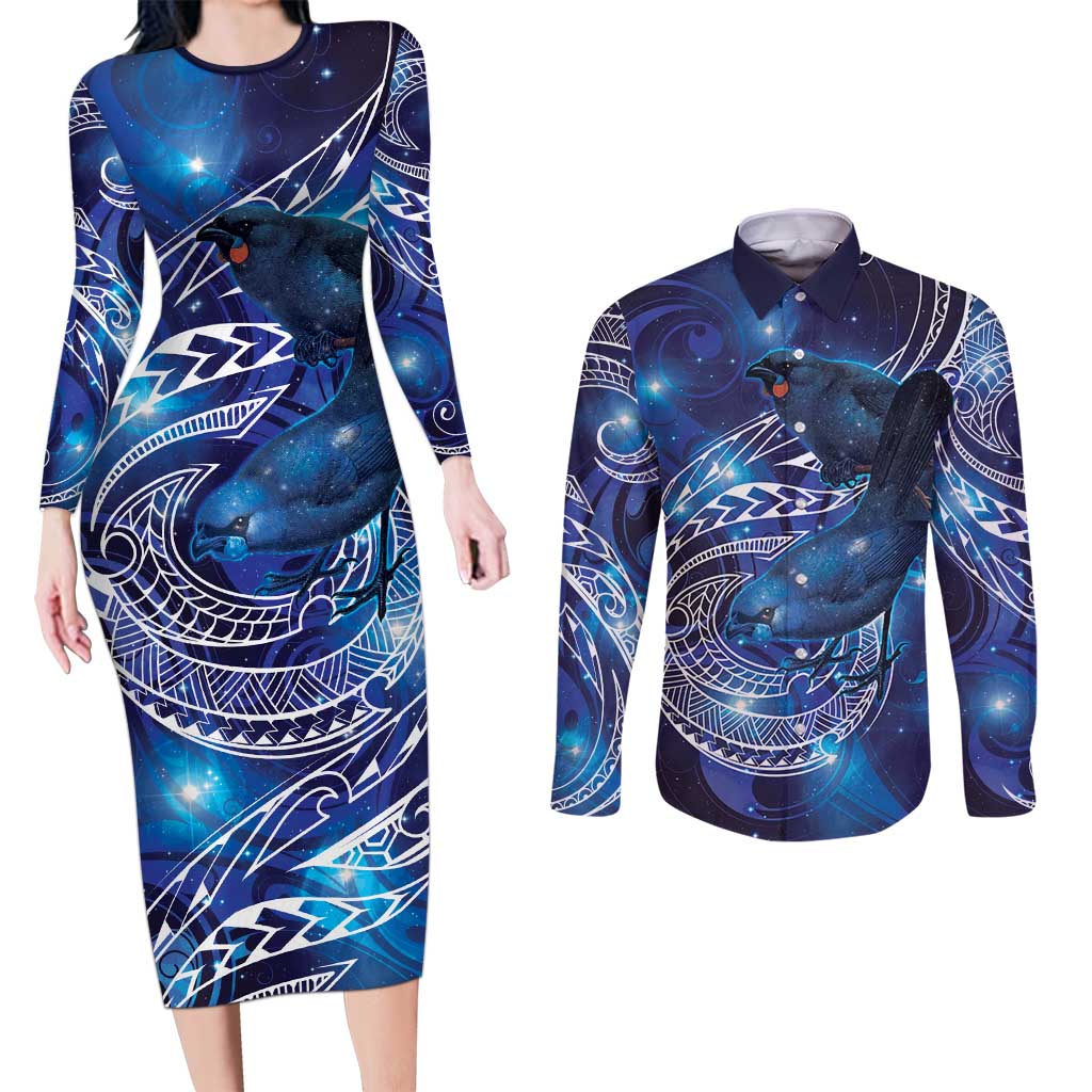 North Island Kokako and South Island Kokako Couples Matching Long Sleeve Bodycon Dress and Long Sleeve Button Shirt New Zealand Native Bird with Galaxy Vibe